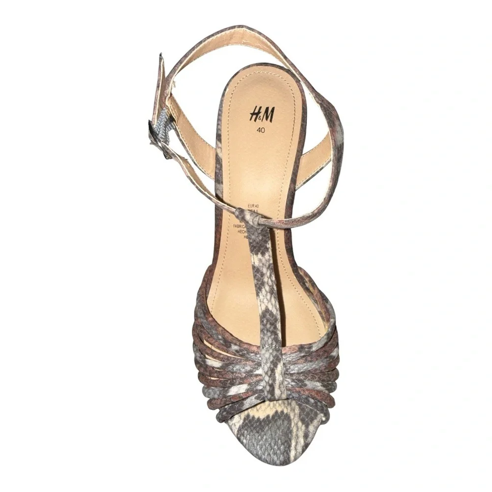 H & M Snakeskin Print Cork Wedge Sandals Brown Tan Size 8.5 Boho Summer